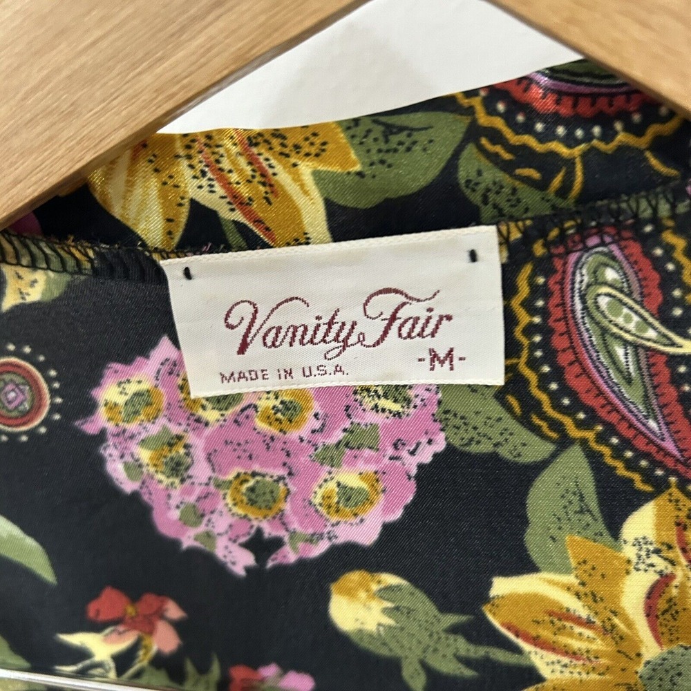 Vintage VANITY FAIR Small KIMONO Wrap ROBE Long Black TROPICAL FLORAL Nylon USA - Picture 7 of 10